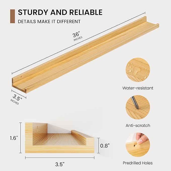 Picture Ledge Shelf, Solid Pine Wood Floating Shelves Set of 2, 36 Inches Nursery Book Shelves for Toys Storage, Kids Bookshelf Wall Mounted for Living Room Bedroom Decor Books Photo Frames, Natural