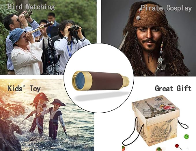 Retro Pirate Telescope Zoomable 25x30 Pocket Monocular Portable Collapsible BAK-4 Lens Captain Jack's Spyglass Handheld Telescope Vintage Telescope for Kids