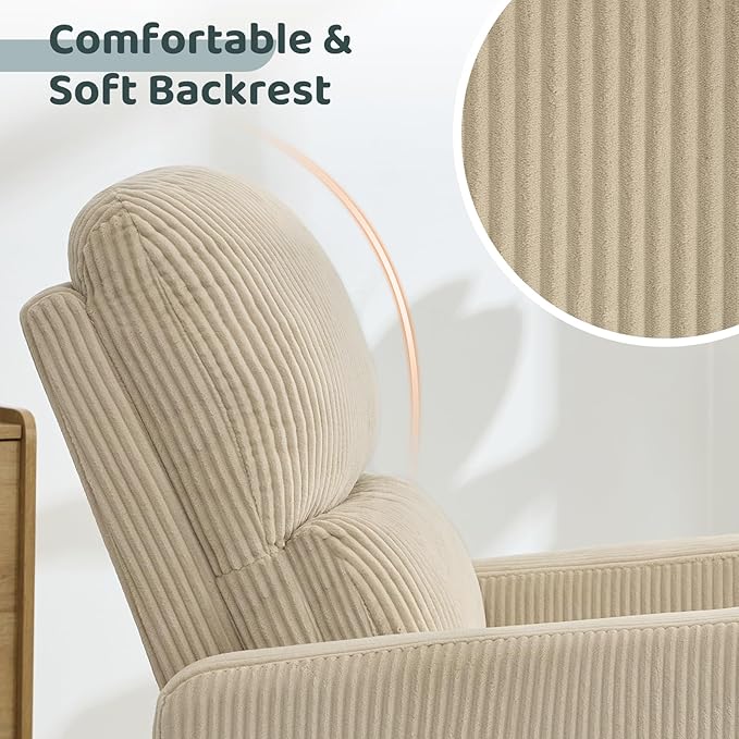 Swivel Rocker Recliner, Oversized Manual Nursery Glider Rocking Recliner Chair with Removable Cushion, Upholstered Swivel Reclining Chair for Nursery Living Room Bedroom, Corduroy Camel