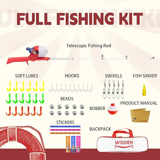 Kids Fishing Pole, Telescopic Fishing Rod, Toddler Collapsible Fishing Rod and Reel Combo with Tackle Box, Fishing Line, Bobber, and Soft Lures for Boy, Girl, Youth, Beginner, Over 4 Years Old