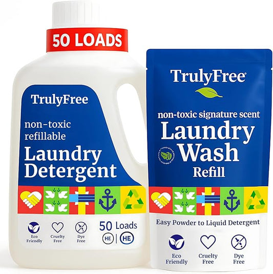 Natural Laundry Detergent for Sensitive Skin | Eco Friendly, Plant Based, Baby Clothes Safe | Clean & Easy Powder to Liquid, 1 Pack Detergent + 1 Refillable Jug | Signature Scent, 50 Loads