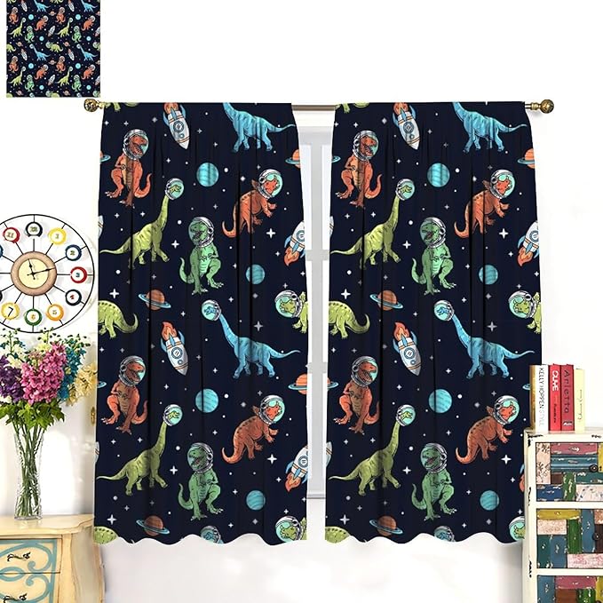 Cartoon Dinosaur Curtains for Kids Boys Girls Home Decor, Astronaut Rocket Funny Outer Space Blackout Rod Pocket Window Drapes for Bedroom Living Room W21xL54in 2 Panels