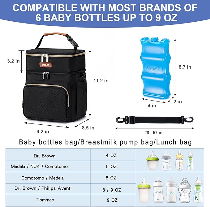 Insulated Breastmilk Cooler Bag with Ice Pack - Holds 6x9oz Bottles, Leakproof Double Layer, Baby Bottle Cooler Bag with Adjustable Strap for Nursing Moms, Daycare & Travel