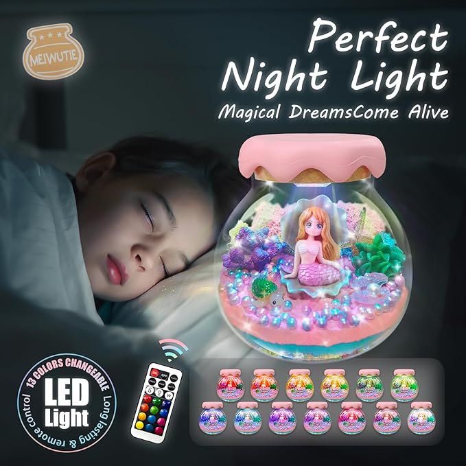 Mermaid Gift for Girls Mermaid Terrarium Kit for Kids Birthday Gift for Girls Ages 4 5 6 7 8-12 Year Old Light-Up Kit Crafts DIY Arts Toys Mermaid Toys for Girls Birthday Ideas Present for Kids