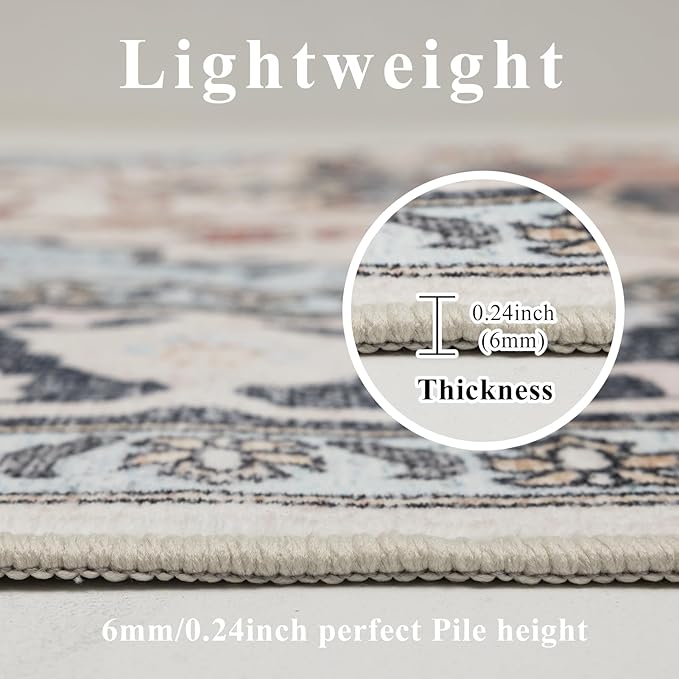 Washable Rugs 5x7 Area Rugs for Living Room, Thin Carpet for Bedroom, Soft Faux Wool Retro Dining Room Rug，Non Slip&Non-Shedding Resistant Low Pile Vintage Print Rug for Home Office (Blue/Gray)