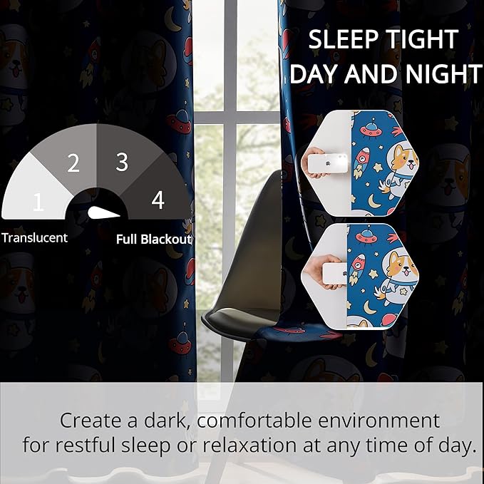 Kids Blackout Curtains - Space Dog Design, 100% Blackout, 2 Panels, Each W52×63, Thermal Insulated, Noise Reducing & Energy Efficient for Kids Bedroom, Turn your child’s room into a fun adventure