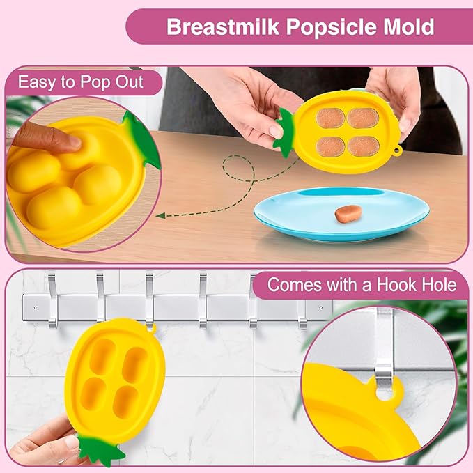 Baby Fruit Food Feeder - Silicone Nibble Tray Combo - Breastmilk Popsicle Mold for Cooling Relief, BPA Free Mesh Feeder for Infant Self Feeding (Deer Pink + Pineapple)