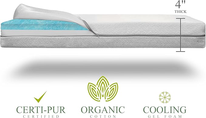 Organic Cotton 2-Sided Crib Mattress | Waterproof Washable Protector w/Ventilated Foam Lining | Light 2-in-1 Baby Mattress w/Firm Support for Infant & Soft CertiPUR Foam for Toddler | 52x27.5x4”