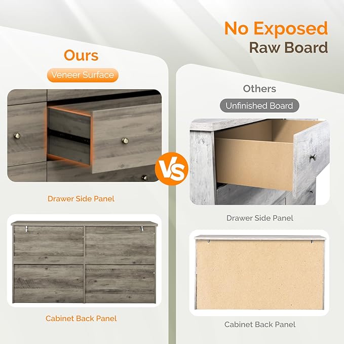 VINGLI 59" Long Dresser 6 Drawer, Grey Large Dresser for Bedroom, Rustic Gray Chest of Drawers, Farmhouse, 59" W x 15.75" D x 32" H