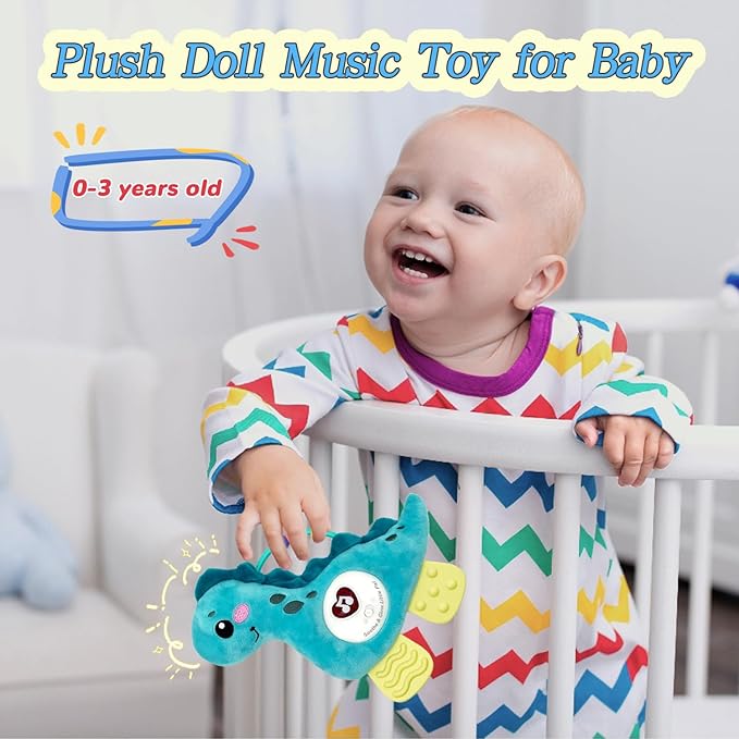 Baby Musical Activity Soft Toys with Sound & Light, Sensory Toys for Infant Developmental with Teether, Rattle and Textures, Soft Plush Toy for Newborn Gift 6 to 12 Months (Blue Dinosaur)