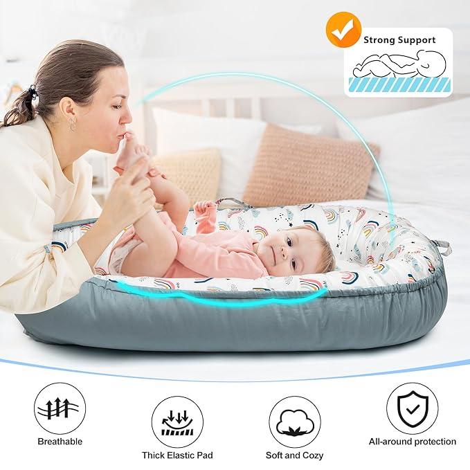 Baby Lounger - Baby Lounger for Newborn 0-24 Months, Breathable & Soft Baby Nest, Portable and Lightweight Lounger for Home and Travel, Ideal Newborn Babies Essentials (Blue-Rainbow)