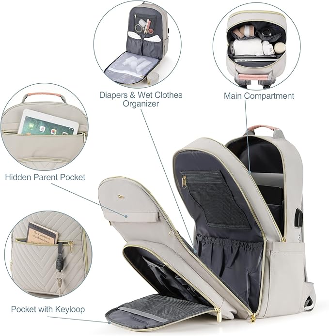 MOMUVO Diaper Bag Backpack, Quilted Baby Bag with Changing Pad and Stroller Straps and Pacifier Case, Multifunction Waterproof Travel Diaper Bags, Unisex, Light Grey and Pink