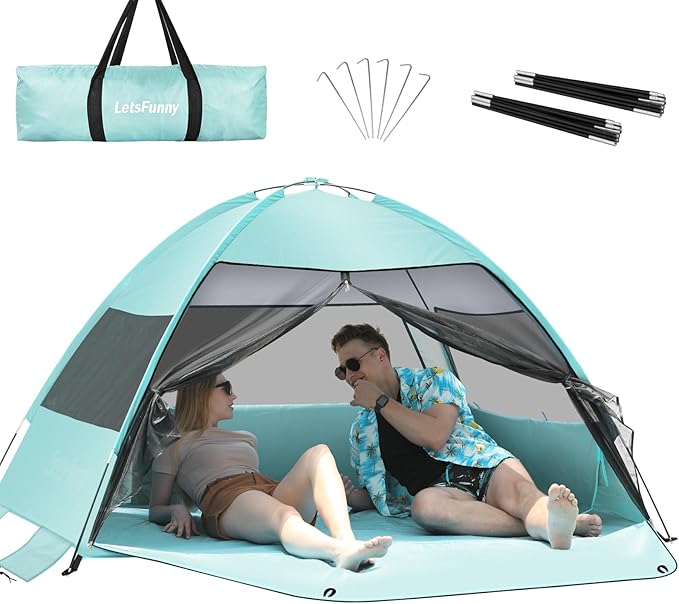 Large Easy Setup Beach Tent,Anti-UV Beach Shade Beach Canopy Tent Sun Shade with Extended Floor & 3 Mesh Roll Up Windows Fits 3-4 Person,Portable Shade Tent for Outdoor Camping Fishing (Mint Green)