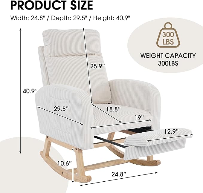 NIOIIKIT Nursery Rocking Chair, Corduroy Upholstered Rocking Chair with Adjustable Footrest, Tufted Rocker Chair with Side Pocket, Glider Rocker for Living Room, Bedroom (White Modern)