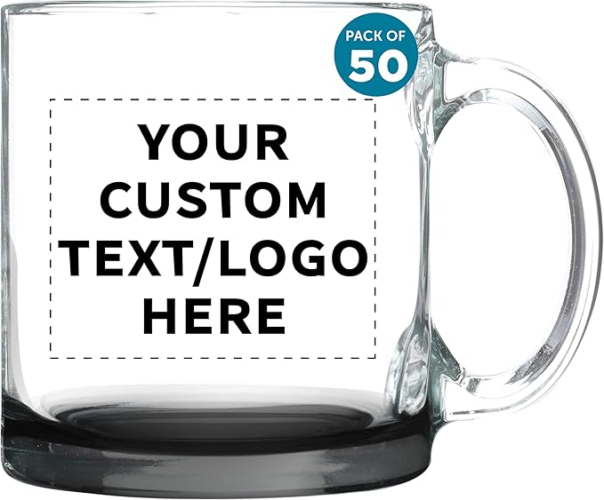 Custom Libbey Clear Glass Coffee Mugs 13 oz. Set of 50, Personalized Bulk Pack - Perfect for Coffee, Tea, Espresso, Hot Cocoa, Other Beverages - Black Bottom