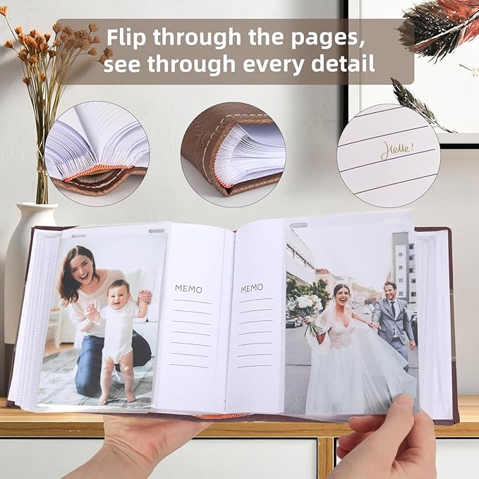 RECUTMS Photo Album 4x6 with Writing Space 100 Photos Photo Book, Leather Cover Picture Album with Memo Areas for Wedding Anniversary Family Baby Couple Valentines Graduation Travel (Dark Coffee)