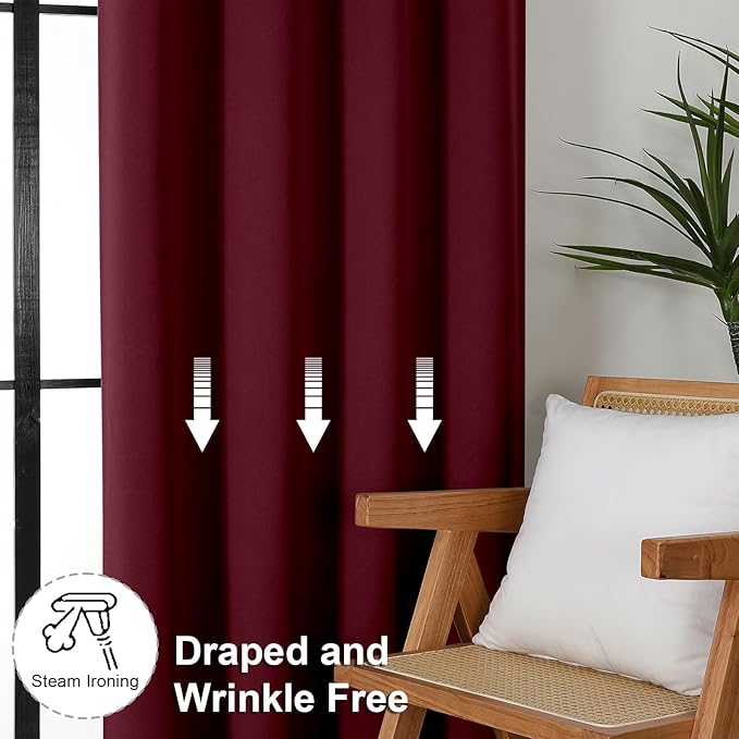 Simplebrand Ava Burgundy Blackout Curtains for Bedroom 63 Inch Length 2 Panels Set, Nursery Thermal Insulated Energy Saving Rod Pocket Window Treatment Curtains Blackout Drapes, W40 x L63 Inch