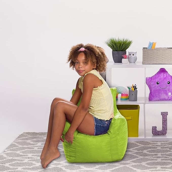 Posh Creations Bean Bag Chair Structured Seat for Toddlers and Kids, Comfy Chair for Gaming, Reading, and Watching TV for Children, Pasadena Chair, Nylon - Lime Green