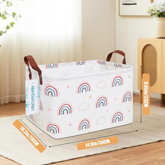 LANGYASHAN Rectangular Storage Bin Collapse Canvas Fabric Cartoon Storage Basket with Handles for Organizing Home Kitchen Boys and Girls Toys Office Closet Shelf Baskets(Rec Cloud Rainbow)