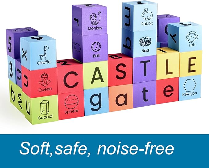 BOHS Foam Learning Blocks - Number,Alphabet,Shapes,Sight Words - Quiet,Safe and Soft Stacking Toys for Toddlers,30pcs,1.96 in(5cm)/Piece