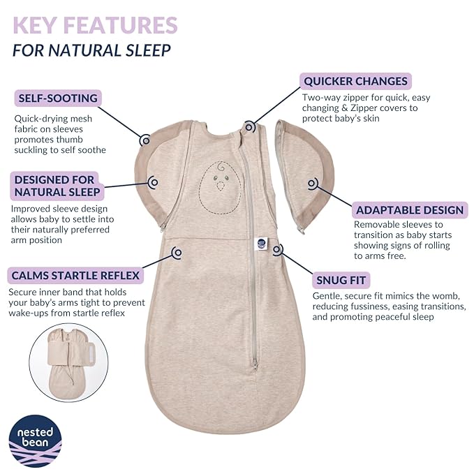 Nested Bean Air 6-in-1 Adaptable Baby Sleep Sack - Unweighted - Comfort & Safety for Natural Sleep, Preferred Arm Position Reduces Startle Reflex, Better for Baby, NB (7-13lbs) Sand