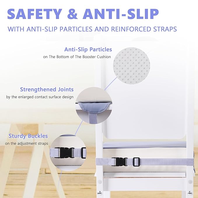 Booster Seat for Kitchen Chair with Adjustable Straps, Toddler Booster Seats for Dining Table Portable for Travel Camping Eating, Booster Cushion for Table for Baby Child Infant Kid Boy Girl