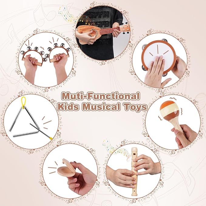 Kids Guitar Set - Musical Toys for 2 3 Year Old Boy Birthday Gifts, Montessori Toys for 2 Year Old Girls, Musical Instruments with Ukulele/Tambourine/Maracas for Toddler 2-4, Band Sets for Kids 3-5