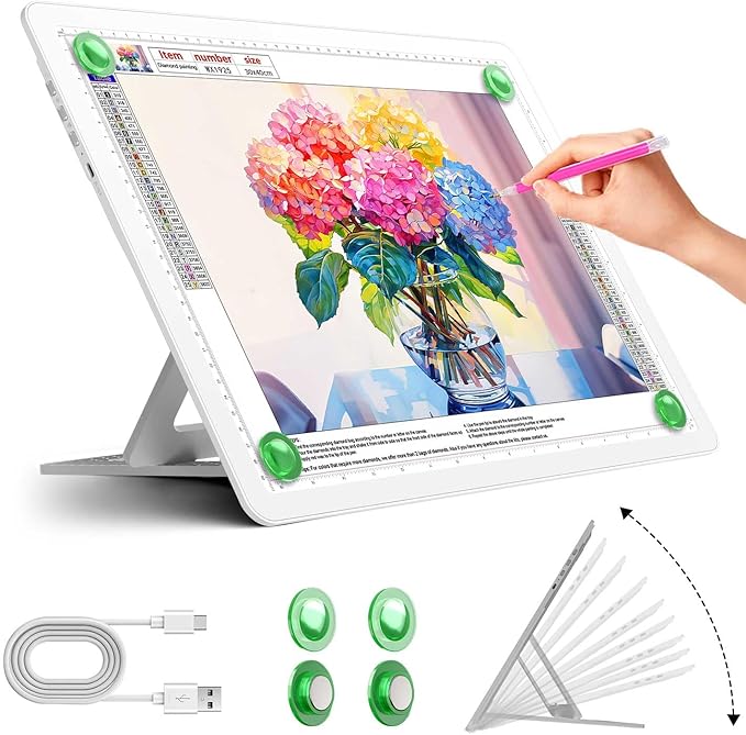 Zocelight Rechargeable A4 Light Pad with Built-in Stand,Super Bright Magnetic Light Box For Tracing,Wireless Diamond Art Light Board with Side Buttons,Light Table for Diamond Painting,Sketching(White)