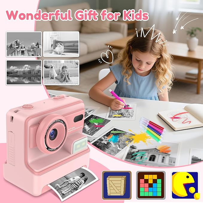 Kids Camera Instant Print, Dual-Lens Selfie Camera for Kids with 1080P Videos, 2.4 Inch Screen, 32GB SD Cards & 3 Rolls Print Paper, Christmas Birthday Gifts for Girls Age 3-12