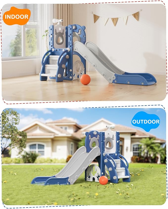 XJD 7 in 1 Toddler Slide, Kids Indoor Slide for Toddlers 12 to 36 Months, New Upgrade with Golf, Basketball Hoop for Indoor Outdoor Playset,Toddler Playground (Blue Gley)