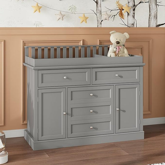 Nursery Dresser with Changing Table Top, 46"W Baby Dresser with 2 Drawers, Laundry Basket & Raised Guard, Infant Diaper Changing Storage Organize Station for Nursery and Baby Bedroom, Grey