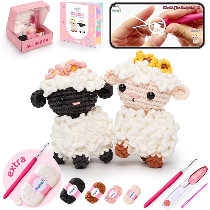 Mewaii Crochet Kit for Beginners Level 1 with 40% Extra Eco-Friendly Pre-Started Easy Yarn, Step-by-Step Video Tutorials for Adults and Kids (2 Pack Lambs)