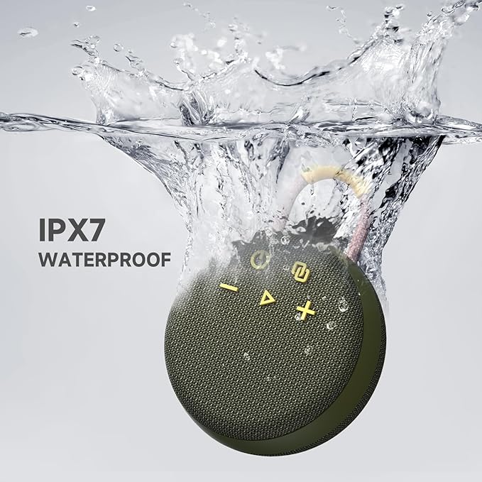 MusiBaby Rugged Mini Clip-On Speaker – BT 5.3, Waterproof Build, Shock-Resistant Rubber Shell, Great for Camping Packs, College Study Corners, or Travel Bags (Green)