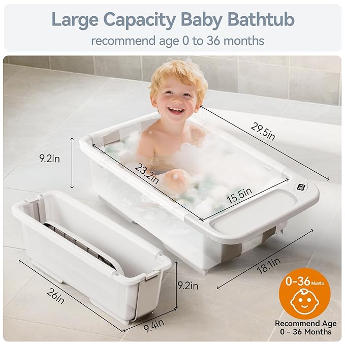 Collapsible Baby Bathtub with Stand - Large Capacity Baby Bath Tub with Thermometer & Soft Cushion | Portable Travel Newborn Infant Bathtub | Foldable Toddler Bathtub for Baby 0 to 36 Months