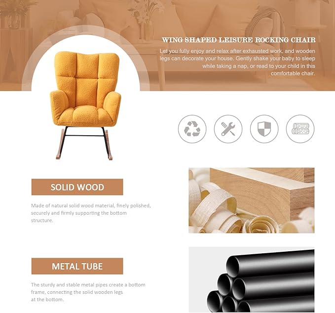 Nursery Rocking Chair, Teddy Upholstered Glider Rocker with High Backrest Armchair, Modern Rocking Accent Chairs for Nursery, Living Room, Bedroom, Offices (Yellow)