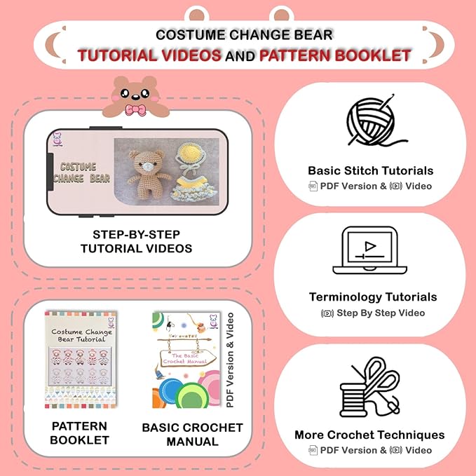 LoopMap Crochet Kit for Beginners - DIY Amigurumi Bear with Removable Dress & Accessories - Step-by-Step Video Tutorials, Extra Yarn, Crochet Tools, Handmade Gift for Kids & Adults (Bear K02, red)