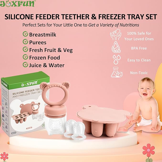 JEXFUN Baby Breastmilk Popsicle Molds & Baby Fruit Food Feeder Pacifier Combo, BPA Free Silicone Nibble Freezer Tray Storage Containers Teething Toys for Safe Infant Self Feeding, 4 Month+(Orange)