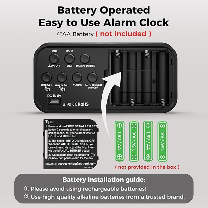 Battery Operated Digital Clock: Cordless Small Alarm Clock for Bedroom Travel - Large Numbers 4 Dimmers for All Ages Red Digits