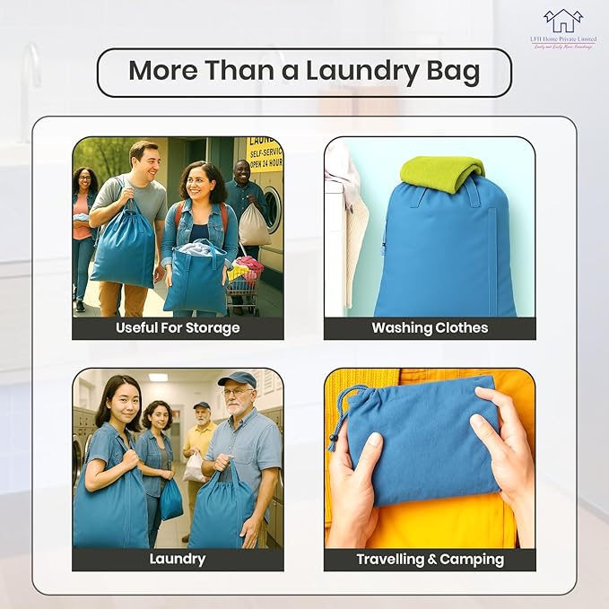 LFH Home Cotton Canvas Large Laundry Bag with Handle, Heavy Duty Drawstring Closure Washable Laundry Bags, School Travel, Home, Hotel, College Dorm, Organizer Sack, Toys Clothes 20x30-Sky Blue