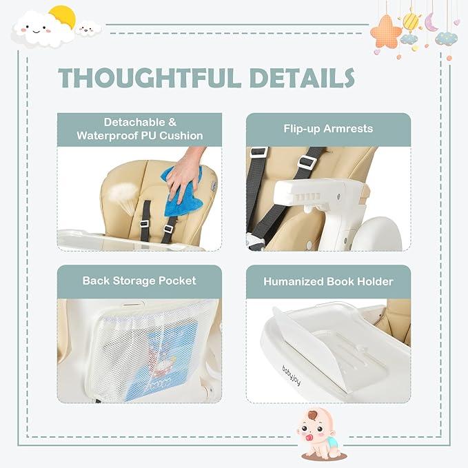 BABY JOY High Chair for Babies & Toddlers, Foldable High Chair w/Adjustable Height/Backrest/Footrest, Double Removable Tray, Book Holder & Storage Bag, Highchair for 6-36 Months Girls Boys (Beige)