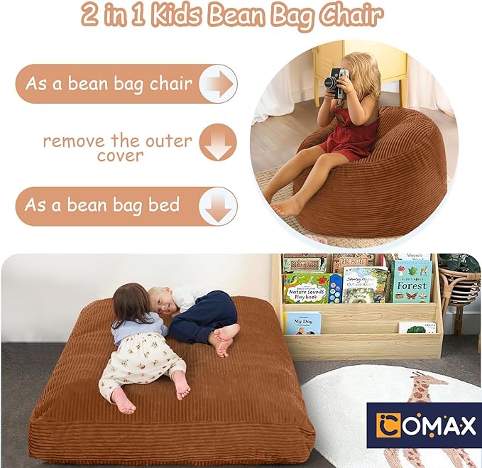 COMAX Kids Bean Bag Chair Turn into Beanbag Bed, Toddler Bean Chair Corduroy for Girl Boy Sleeping, Lazy Children Bean Bags with Filler, Convertible Child Floor Mattress, Orange