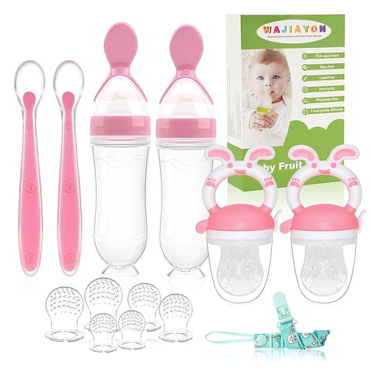 WAJIAYON Baby Fruit Feeder Pacifier - 6 Pack | 2 Infant Food Feeder Pacifier & 2 Baby Food Dispensing Spoon | Fresh Fruit Teethers for Babies | Silicone Feeder Babies,Infant Teething Feeders -Pink