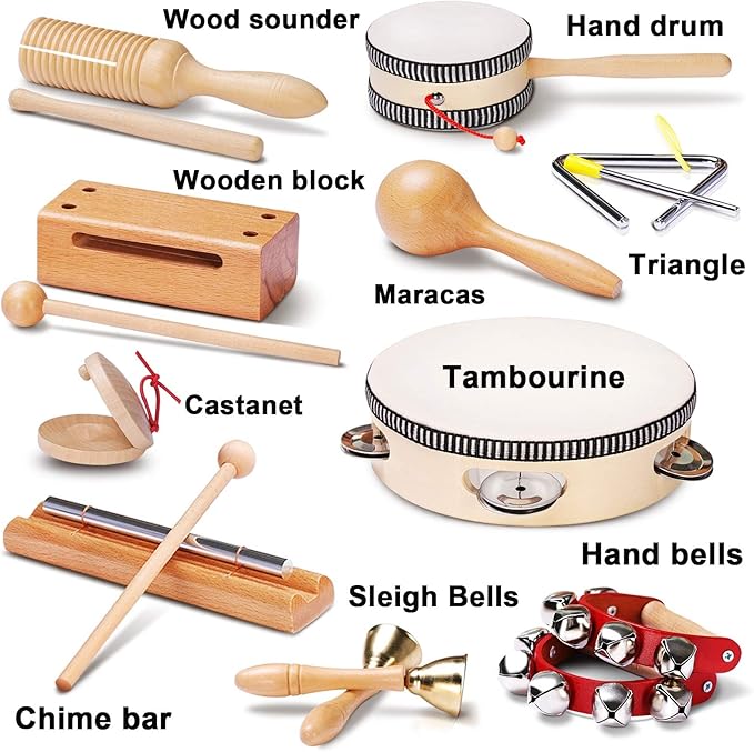 LOOIKOOS Toddler Musical Instruments Montessori Natural Wooden Percussion Instruments for Kids Preschool Educational Musical Toys Set for Boys and Girls with Storage Bag