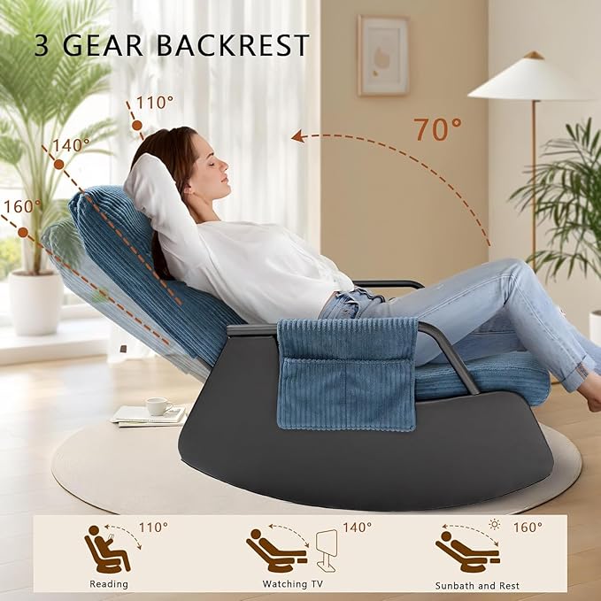 Rocking Chair for Nursery, Modern Upholstered Plush Seating Glider Recliner Chair with High Backrest and Side Pocket, Accent Armchair with Cushions for Living Room/Reading (Blue)