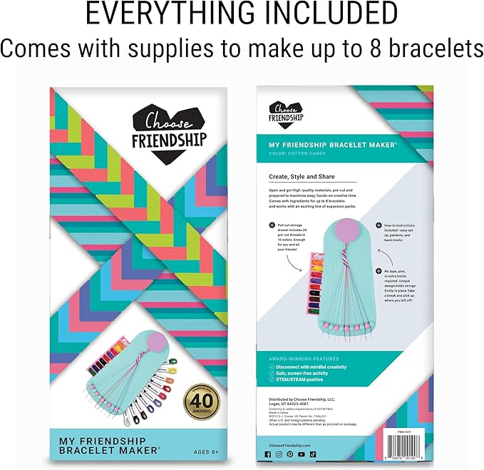 Choose Friendship, My Friendship Bracelet Maker®, an American Original | 20 Pre-Cut Threads - Makes Up to 8 Bracelets | Craft Kit, Kids, Bracelet Making Kit, Jewelry-Making Kit, Gifts for Girls 8-12