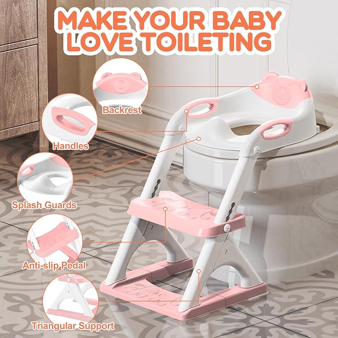 SKYROKU Potty Training Seat for Toddlers – 2-in-1 Adjustable Potty Ladder with Step Stool, Anti-Slip Cushion, Splash Guard & Extra-Wide Pedals, Supports 200+ lbs, Ideal for Boys & Girls (Pink)