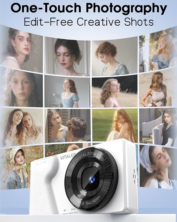 Digital Camera with Front Rear Lens, Autofocus 64MP 4K Camera for Photography with 32GB Card, Portable Compact Point and Shoot Camera for Teens Adult Beginner with Metal Shell, 2000mAh Battery