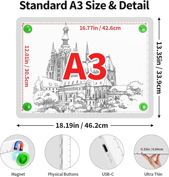 Zocelight Rechargeable A3 Light Box for tracing,Diamond Art Light Board with 4 Magnets,Wireless Light Pad for Diamond Painting,Ultra Bright Light Table for Drawing, Sketching,Animation(White)