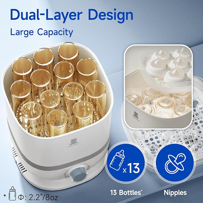 Snow Bear Baby Bottle Sterilizer and Dryer, 6-in-1 Electric Steam Bottle Sterilizer for Baby Bottle & Pacifiers, Breast Pump Parts, Large Capacity 13 Bottles, Fast Drying, Easy to Clean