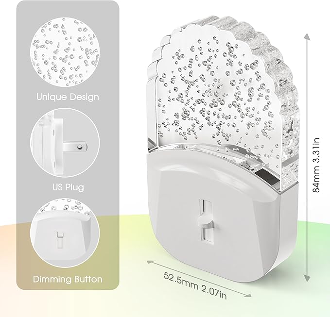 Bubble Night Light Plug in, LED Acrylic Night Light, 2 Pack, Decorative Dimmable Nightlight Dusk to Dawn Sensor, Soft 3000K Warm Nightlight for Bathroom, Hallway, Bedroom